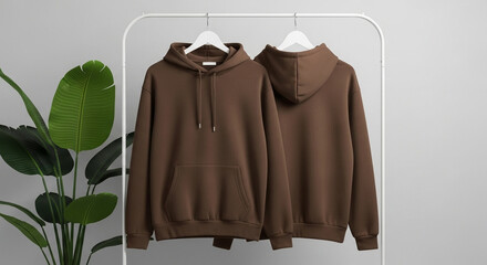 Front and back view of a blank brown unisex hoodie mockup on a white clothes rack, perfect for showcasing custom designs and casual apparel fashion