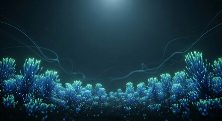 A mysterious deep-sea environment with glowing blue and green bioluminescent coral-like structures on the ocean floor.