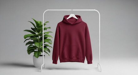 Maroon Hoodie on a White Rack with Green Plant Stylish Apparel for Casual Wear - Mockup