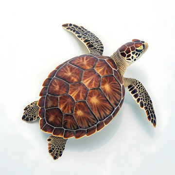 A high angle shot of a sea turtle with a brown patterned shell on a bright white background surface