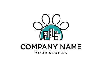 Modern Pet-Friendly City Logo featuring Dog Paw Print and Urban Buildings Silhouette