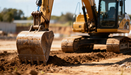 Close-up of a large yellow excavator bucket digging into brown dirt on a sunny construction site.