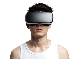 Man in white tank top wearing VR headset against black background, gazing directly forward in isolation
