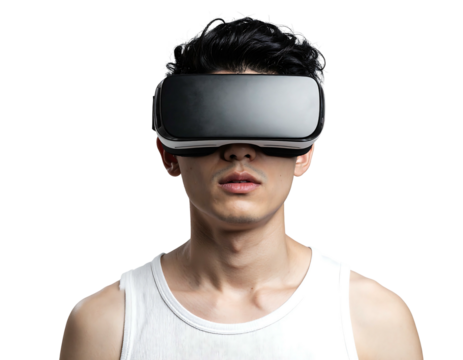 Man in white tank top wearing VR headset against black background, gazing directly forward in isolation