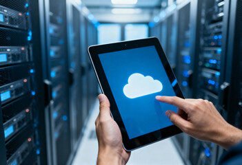 Close-up of hands using a digital tablet showing a cloud symbol inside a busy, blue-lit server room.