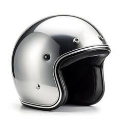 Fototapeta premium A shiny silver motorcycle helmet with black trim on a white background in a studio setting