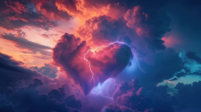 Heart-shaped cloud striking with lightning in a dark stormy sunset sky, storm of emotions, love, anger, passion, hate