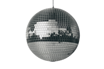 Classic disco ball, covered in reflective mirror tiles, suspended against a plain transparent background, ready to illuminate any party. background removed