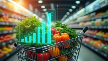 Shopping cart full of fresh produce in supermarket aisle. Digital graph overlay shows rising grocery sales trend. Analyzing food market demand, consumer buying habits and retail analytics.