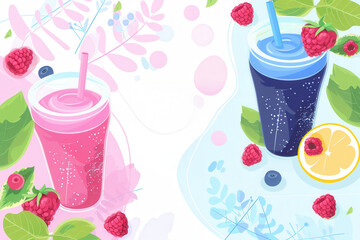 Refreshing berry smoothies with fresh raspberries, lemon slices, and leaves