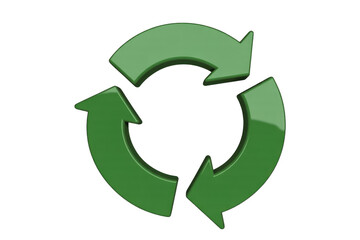 Obraz premium A bright 3D green recycling symbol with three looping arrows against a dark transparent background, representing environmental sustainability, reuse, and reduce. background removed