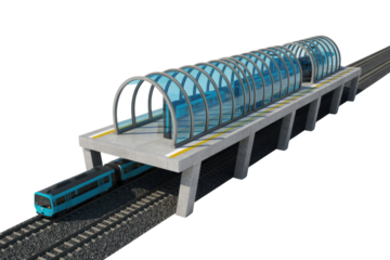 An elevated train station with a modern glass canopy and a blue subway car on tracks, showcasing urban public transport infrastructure. background removed