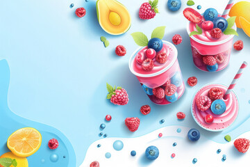 Vibrant berry smoothie with fresh fruits and yogurt cups on blue background