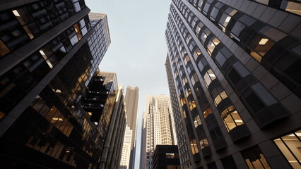 Fototapeta premium Amidst the bustle of urban life, sunlight pours down between modern skyscrapers, illuminating reflective glass facades and inviting onlookers to marvel at architectural grandeur.