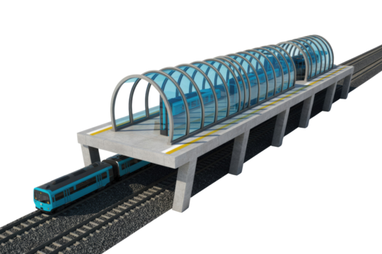 An elevated train station with a modern glass canopy and a blue subway car on tracks, showcasing urban public transport infrastructure. background removed