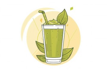 Refreshing green smoothie with leaves and straw on abstract background