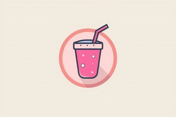 Illustrated pink drink icon with straw in circular frame