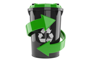 A black recycling bin with a green lid, featuring a white recycling symbol and a prominent green arrow emphasizing environmental responsibility. background removed