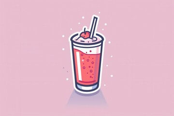 Cartoon cherry milkshake with straw and bubbles on pink background