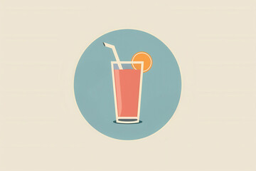 Minimalist retro style orange juice illustration with straw and circle design