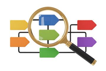 Magnifying glass examining a 3D colorful flowchart diagram with multiple interconnected arrow-shaped steps, symbolizing process analysis and visualization. background removed