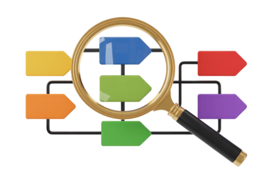 Magnifying glass examining a 3D colorful flowchart diagram with multiple interconnected arrow-shaped steps, symbolizing process analysis and visualization. background removed