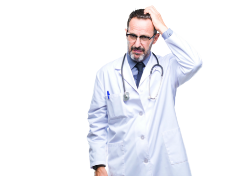 Doctor in a lab coat, hand on head looking concerned against a patterned background
