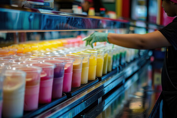 Colorful assortment of smoothies in market display with diverse flavors
