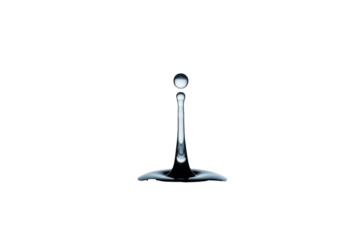 A perfectly captured water droplet creating a pristine column and a detached sphere above a liquid surface, set against a solid transparent background. background removed