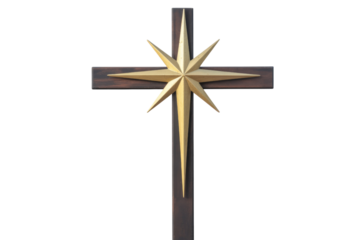 A dark wooden cross featuring a radiant golden multi-pointed star at its center, symbolizing faith, guidance, and hope, set against a transparent background. background removed