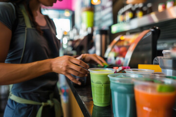 Female barista preparing fresh juices in a vibrant café setting