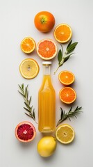 Fresh citrus juice bottle surrounded by oranges, lemons, grapefruit, and leaves