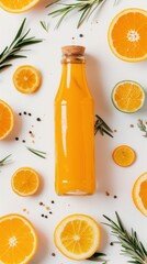 Fresh citrus juice bottle surrounded by oranges and herbs on white background