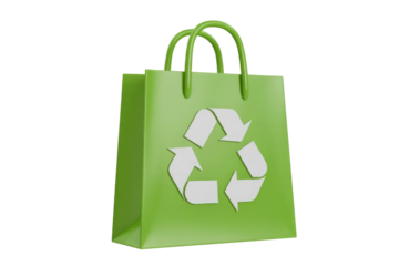 A glossy green 3D shopping bag featuring a white recycle symbol, promoting eco-friendly shopping and sustainability initiatives. background removed