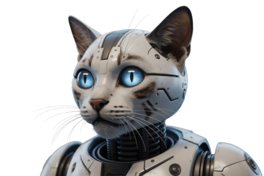 A captivating cyborg cat with piercing blue eyes, showcasing realistic fur and intricate robotic components. A futuristic blend of nature and technology. background removed