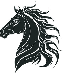 Stylish black and white vector illustration of a horse head with flowing mane, perfect for logo design, tattoo art, or decorative prints.