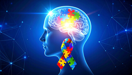 Brain with Puzzle Ribbon – Autism Awareness.
