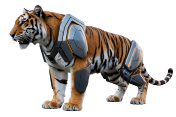 A realistic tiger with orange and black stripes wears futuristic grey and orange armor on its body, blending nature with technology. background removed