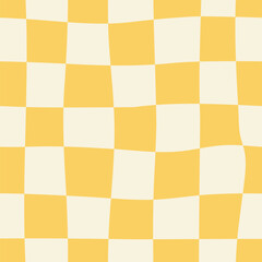 Groovy twisted checkered seamless pattern. Vector flat background with distorted wavy checks. Funky psychedelic checkerboard in 1970s retro style