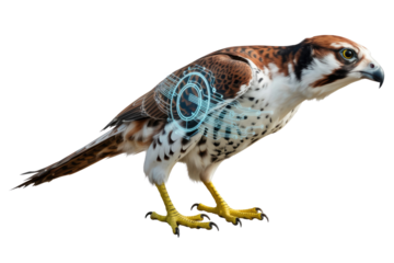 A majestic bird of prey, possibly a falcon, enhanced with futuristic digital circuits, blending nature with advanced technology and surveillance. background removed