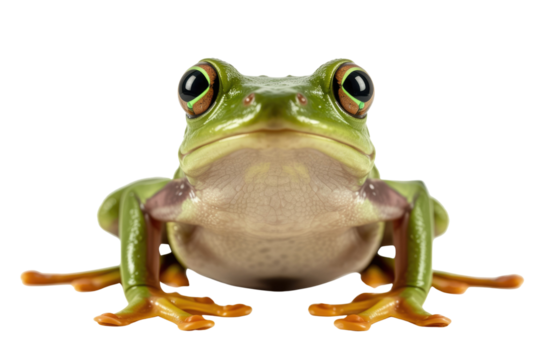 A vibrant green tree frog with large, striking eyes stares directly forward, showcasing its unique colors and textured skin. background removed