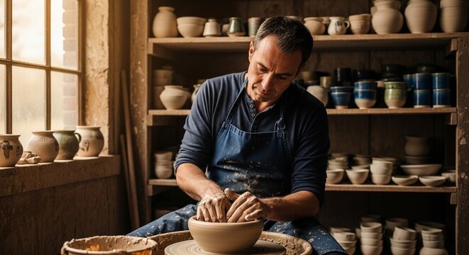 Handmade pottery process with artisan crafting clay bowl in rustic workshop under sunlight
