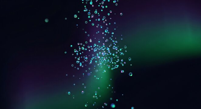Abstract digital art featuring a vertical stream of glowing blue droplets against a dark background with green and purple light.