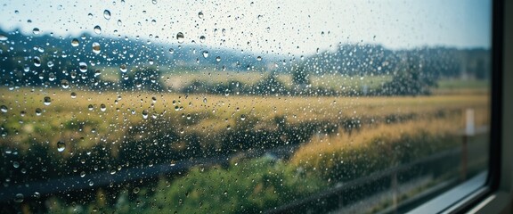Close up view of rain drops on a window with a blurred landscape background