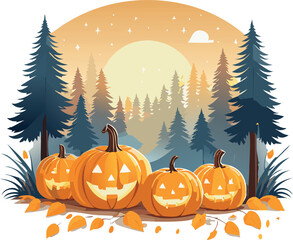 Glowing Pumpkins in Forest
Autumn forest with glowing pumpkins, flat cozy vector style