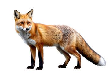 Fototapeta premium A beautiful red fox stands alertly, showcasing its vibrant orange-red fur, white chest, and dark legs against a plain transparent background. background removed
