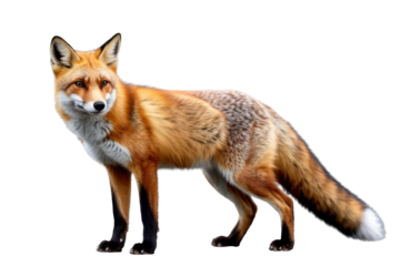 A beautiful red fox stands alertly, showcasing its vibrant orange-red fur, white chest, and dark legs against a plain transparent background. background removed