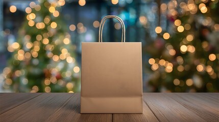 Kraft paper shopping bag in front of blurred Christmas tree lights