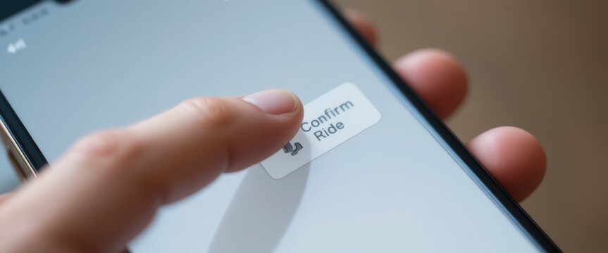 Person's finger pressing a button labeled Confirm Ride on a smartphone screen