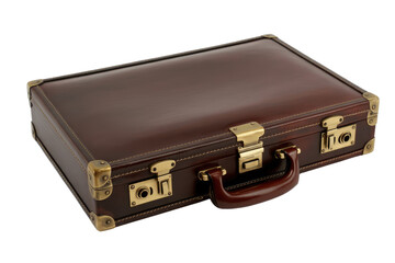 This is a classic dark brown leather briefcase featuring polished brass hardware and detailed stitching, presented on a solid transparent background. background removed